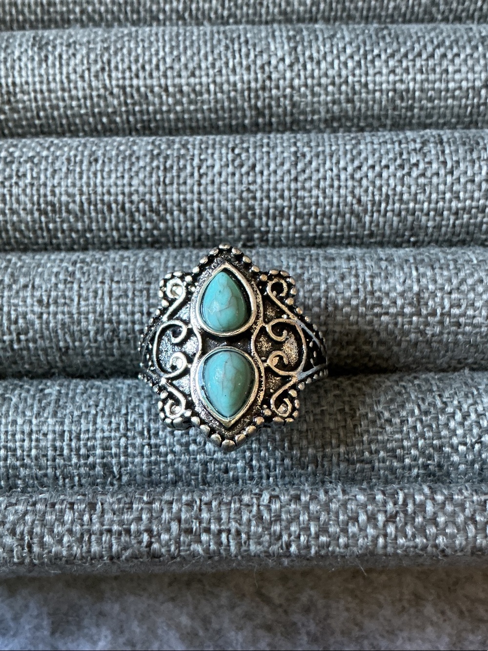 Turquoise Teardrop Double Stone Filigree Ring NWOT